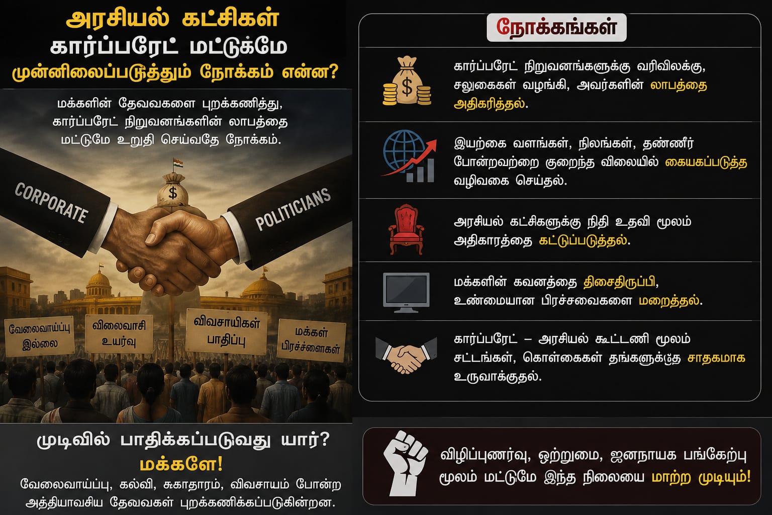 தமிழ்நாட்டில் எந்த ஒரு அரசியல் கட்சியும், கார்ப்பரேட்டுக்கு கொடுக்கின்ற முக்கியத்துவத்தை சாமானிய மக்களின், சமூக நலனுக்கு ஏன்? கொடுப் பதில்லை?