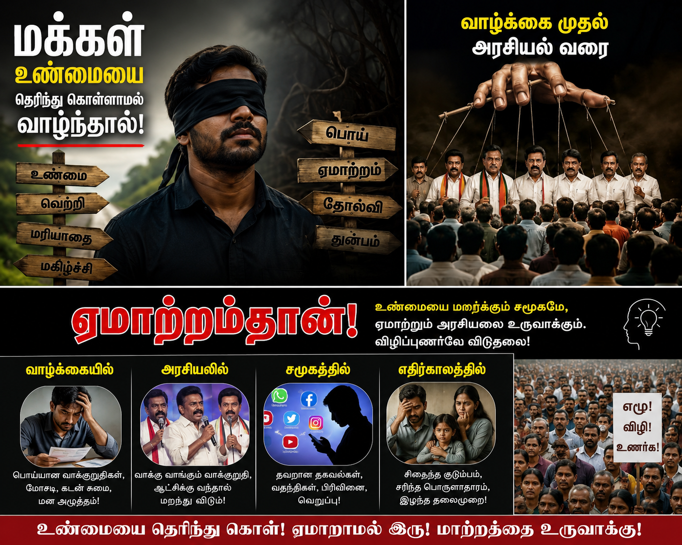 உண்மையை தெரிந்து கொள்ளாமல், மக்கள் மாற்றங்களை கொண்டு வர முடியாது.அது வாழ்க்கை முதல் அரசியல் வரை ஏமாற்றம் தான் - அதனால் , உண்மை எங்கே...?  தேடுங்கள்......?