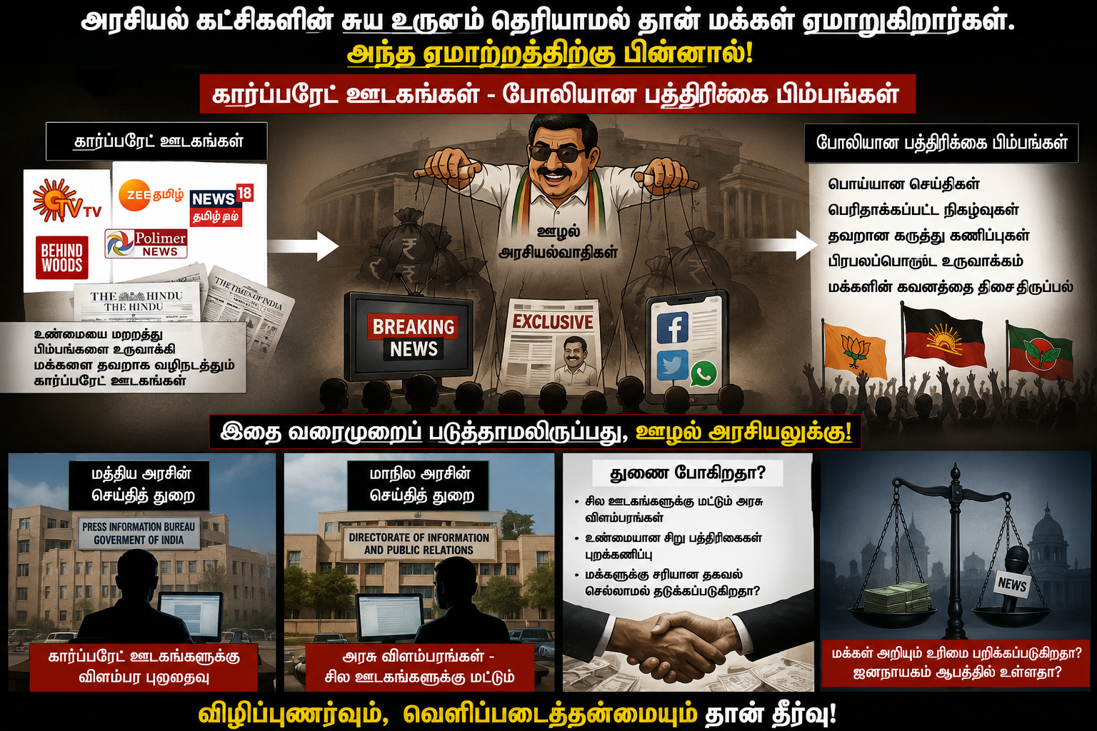 அரசியல் கட்சிகளின் சுய உருவம் தெரியாமல் தான் மக்கள் ஏமாறுகிறார்கள். அந்த ஏமாற்றத்திற்கு பின்னால்! கார்ப்பரேட் ஊடகங்கள்-  போலியான பத்திரிகை பிம்பங்கள் - இதை வரைமுறைப் படுத்தாமலிருப்பது, ஊழல் அரசியலுக்கு!மத்திய, மாநில அரசின் செய்தித் துறை துணை போகிறதா?