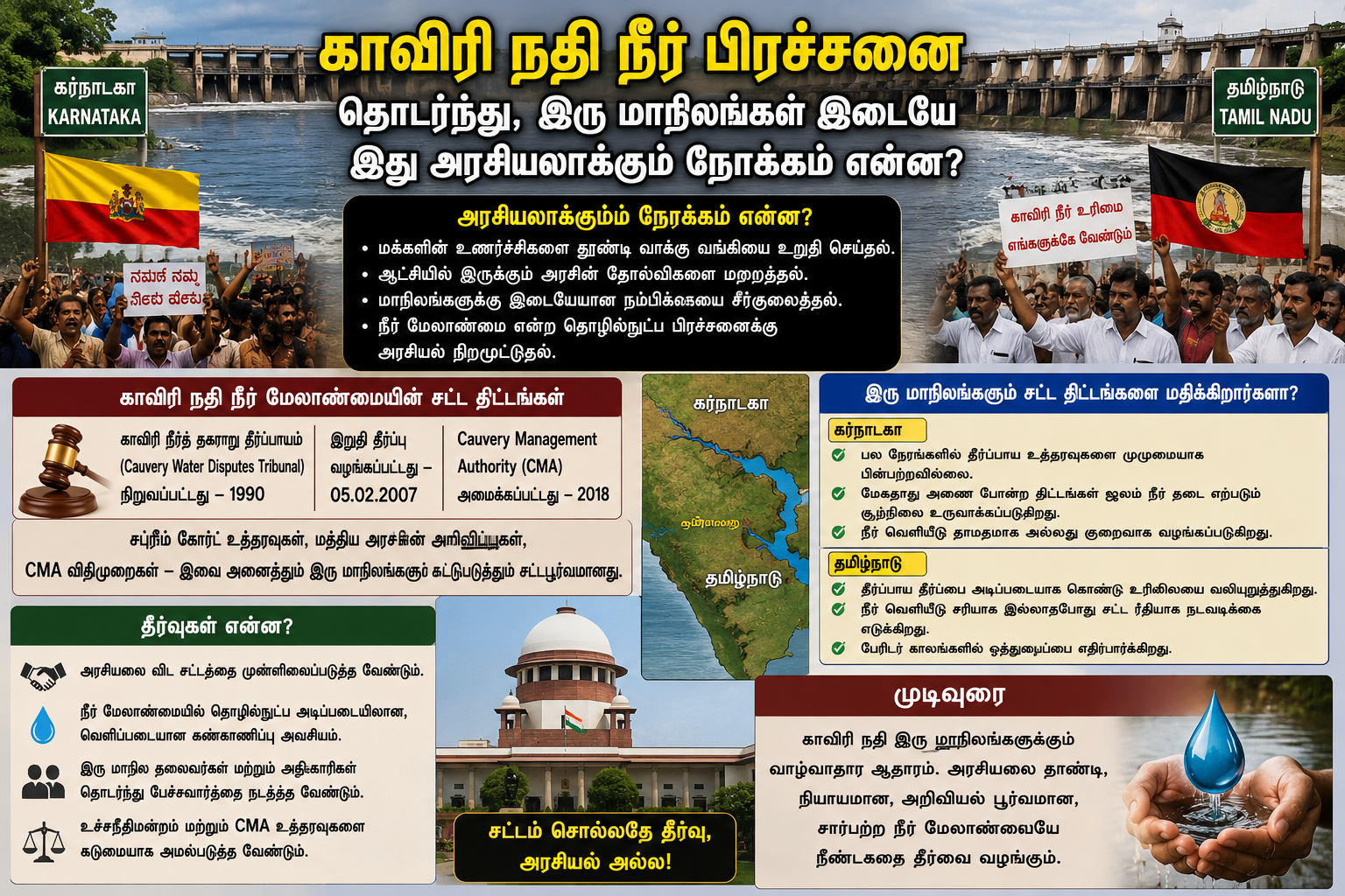 காவிரி நதி நீர் பிரச்சனை தொடர்ந்து, இரு மாநிலங்கள் இடையே ,இது அரசியலாக்கும் நோக்கம் என்ன? காவிரி நதிநீர் மேலாண்மையின் சட்ட திட்டங்களை, இரு மாநிலங்களும் மதிக்கிறார்களா?