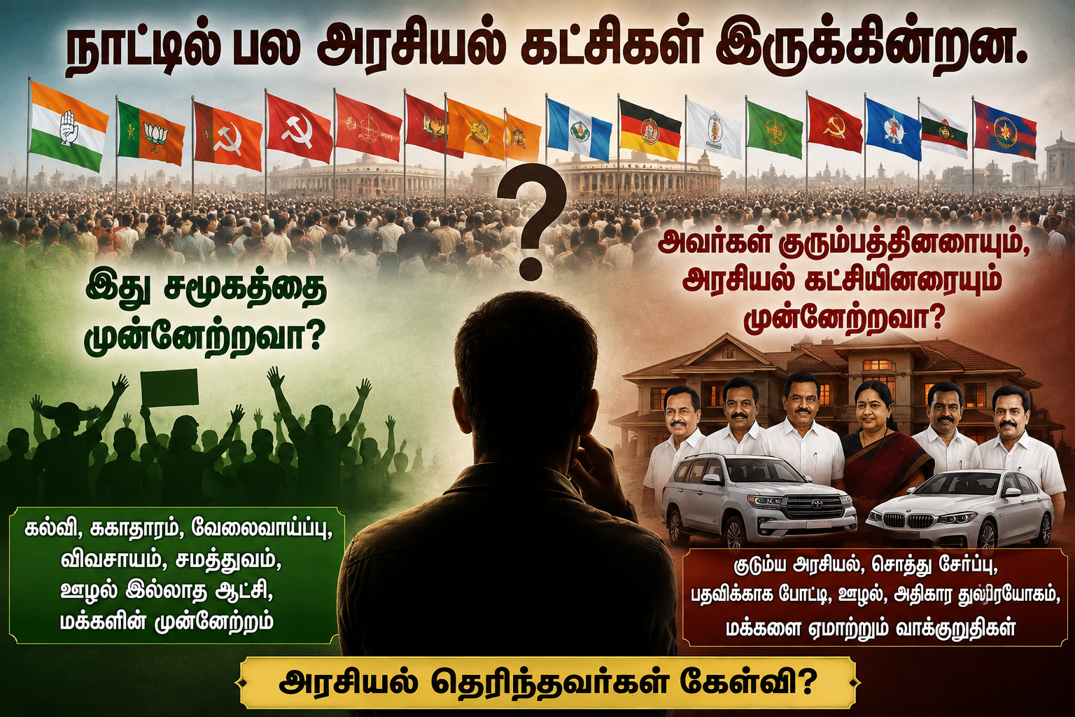 நாட்டில் பல அரசியல் கட்சிகள் இருக்கின்றன. இது சமூகத்தை முன்னேற்றவா? அல்லது அவர்கள் குடும்பத்தினரையும், அரசியல் கட்சியினரை முன்னேற்றவா? – அரசியல் தெரிந்தவர்கள் கேள்வி?There are many political parties in the country. Will this improve society? Or will it im