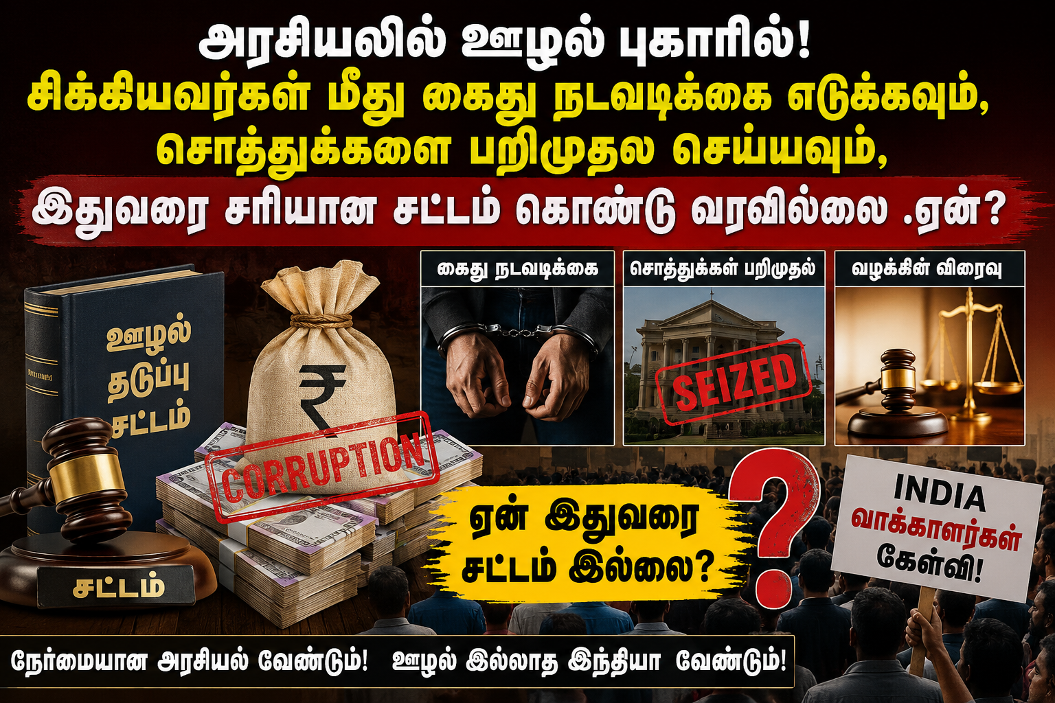 அரசியலில் ஊழல் புகாரில்! சிக்கியவர்கள் மீது கைது நடவடிக்கை எடுக்கவும், சொத்துக்களை பறிமுதல் செய்யவும், இதுவரை சரியான சட்டம் கொண்டு வரவில்லை .ஏன்? - இந்திய வாக்காளர்கள் கேள்வி?