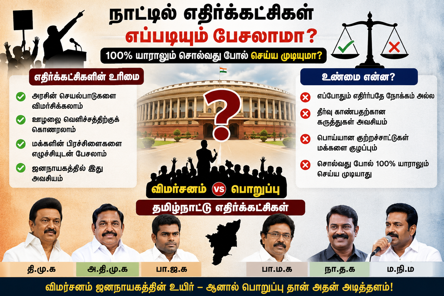 நாட்டில் எதிர்க்கட்சிகள் எப்படியும் பேசலாமா? 100% யாராலுமே சொல்வது போல் செய்ய முடியுமா? - தமிழ்நாட்டு எதிர்க்கட்சிகள் .