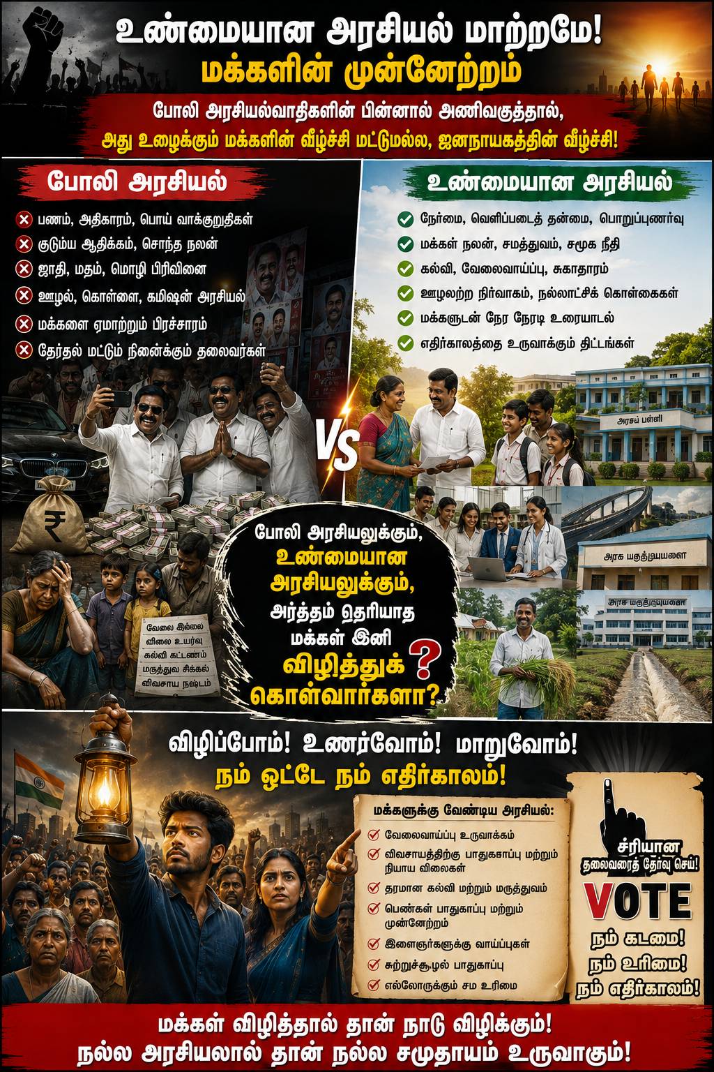 உழைப்பவனை முன்னேற்றுவதற்கு பதிலாக, ஊரை ஏமாற்றுபவர்களை ,கிரிமினல்களை முன்னேற்றுவதற்கு இன்றைய அரசியல் கட்சிகளா? - தமிழ்நாட்டு வாக்காளர்கள்.