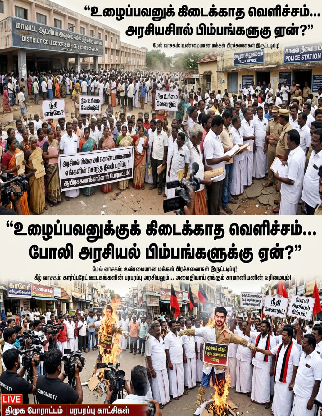 நாட்டில் உழைப்பவன் தன்னுடைய சொந்த நிலத்தை கூட அனுபவிக்க முடியாமல், போராடுகிறான். உழைக்காமல் சட்டத்தை ஏமாற்றி பிழைக்க! அரசியல் கட்சியின் பெயரை சொல்லி போராடுவது! நாட்டில் எப்படிப்பட்ட அரசியல்? அது பொதுநல அரசியலா ?