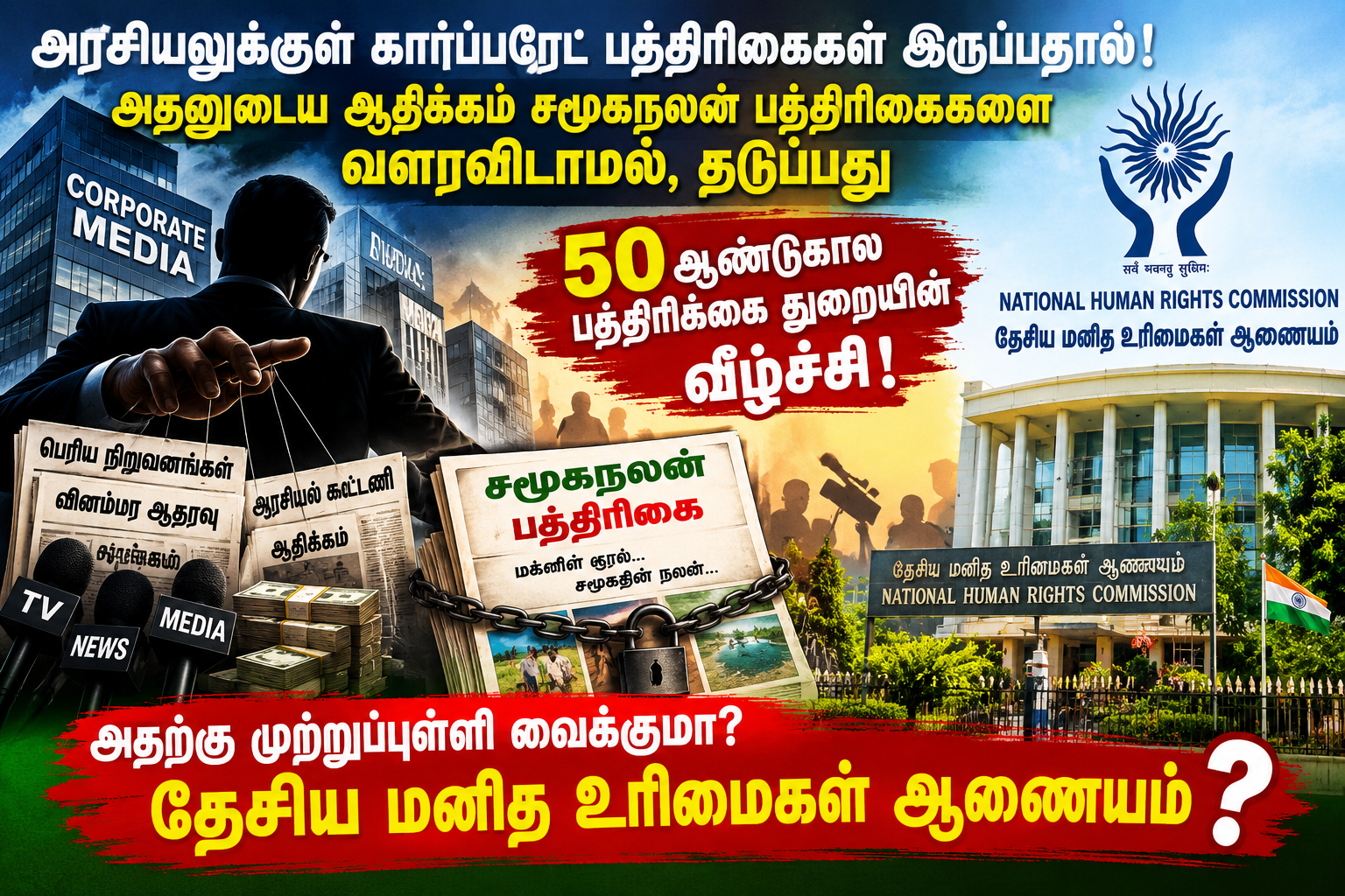 அரசியலுக்குள் கார்ப்பரேட் பத்திரிகைகள் இருப்பதால் ! அதனுடைய ஆதிக்கம் சமூகநலன் பத்திரிகைகளை வளரவிடாமல், தடுப்பது 50 ஆண்டுகால பத்திரிக்கை துறையின் வீழ்ச்சி! அதற்கு முற்றுப்புள்ளி வைக்குமா? – தேசிய மனித உரிமைகள் ஆணையம் .