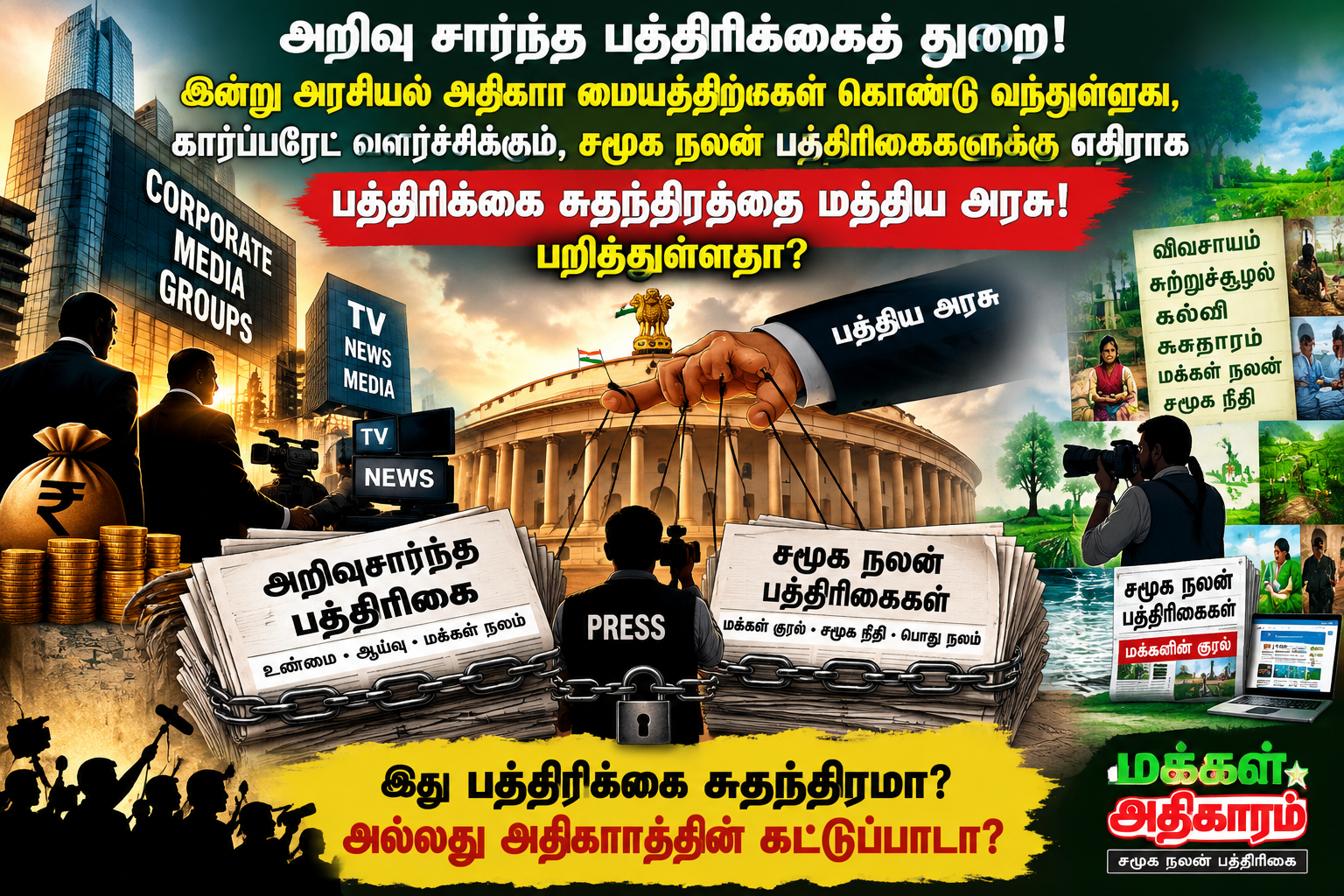 அறிவு சார்ந்த பத்திரிக்கைத் துறை! இன்று அரசியல் அதிகார மையத்திற்குள் கொண்டு வந்துள்ளது, பணத்தால்!கார்ப்பரேட் வளர்ச்சிக்கும், சமூக நலன் பத்திரிகைகளுக்கு எதிராக பத்திரிக்கை சுதந்திரத்தை மத்திய அரசு! பறித்துள்ளதா?