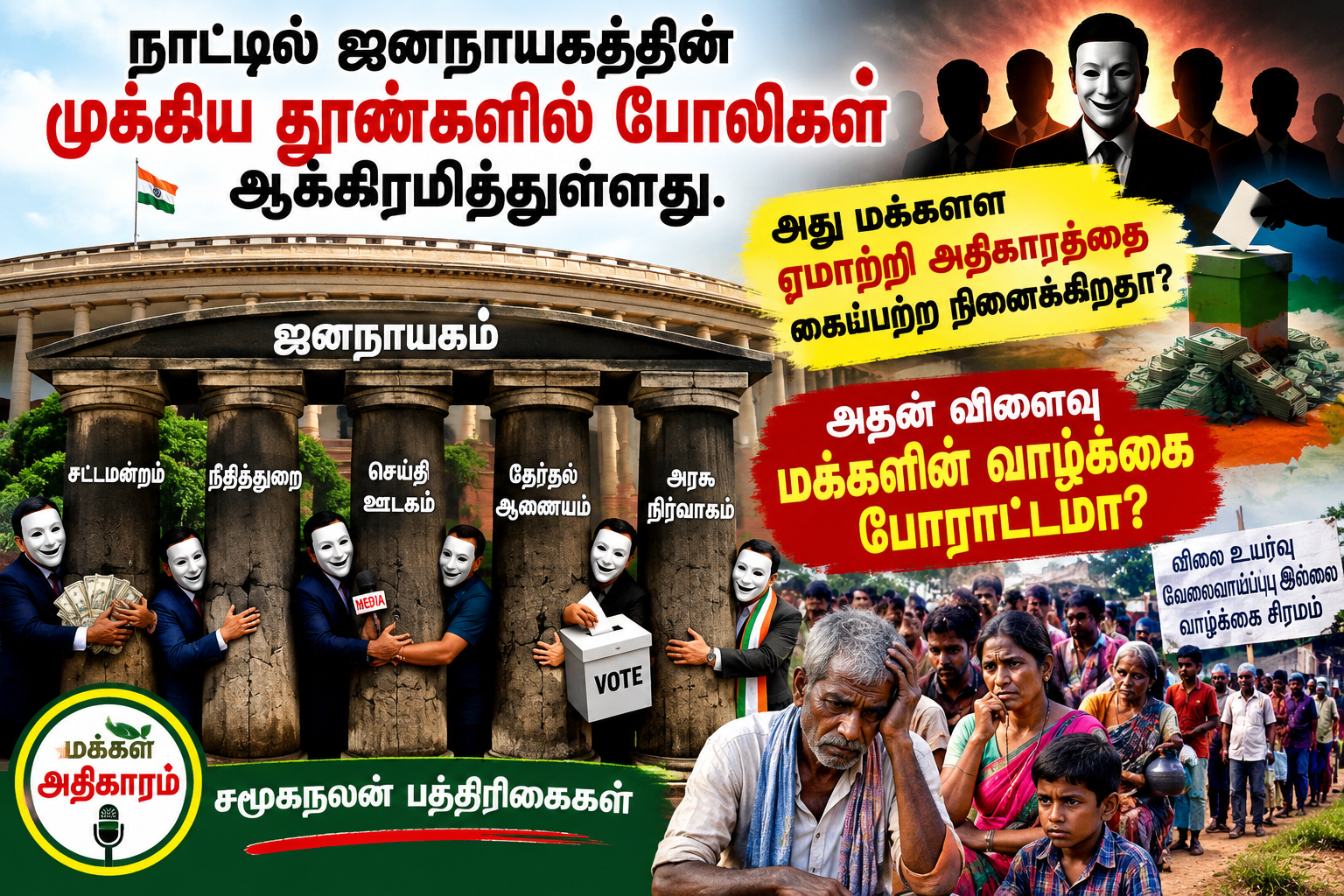நாட்டில் ஜனநாயகத்தின் முக்கிய தூண்களில் போலிகள் ஆக்கிரமித்துள்ளது. அது மக்களை ஏமாற்றி அதிகாரத்தை கைப்பற்ற நினைக்கிறதா? அதன் விளைவு மக்களின் வாழ்க்கை போராட்டமா? – சமூகநலன் பத்திரிகைகள்.