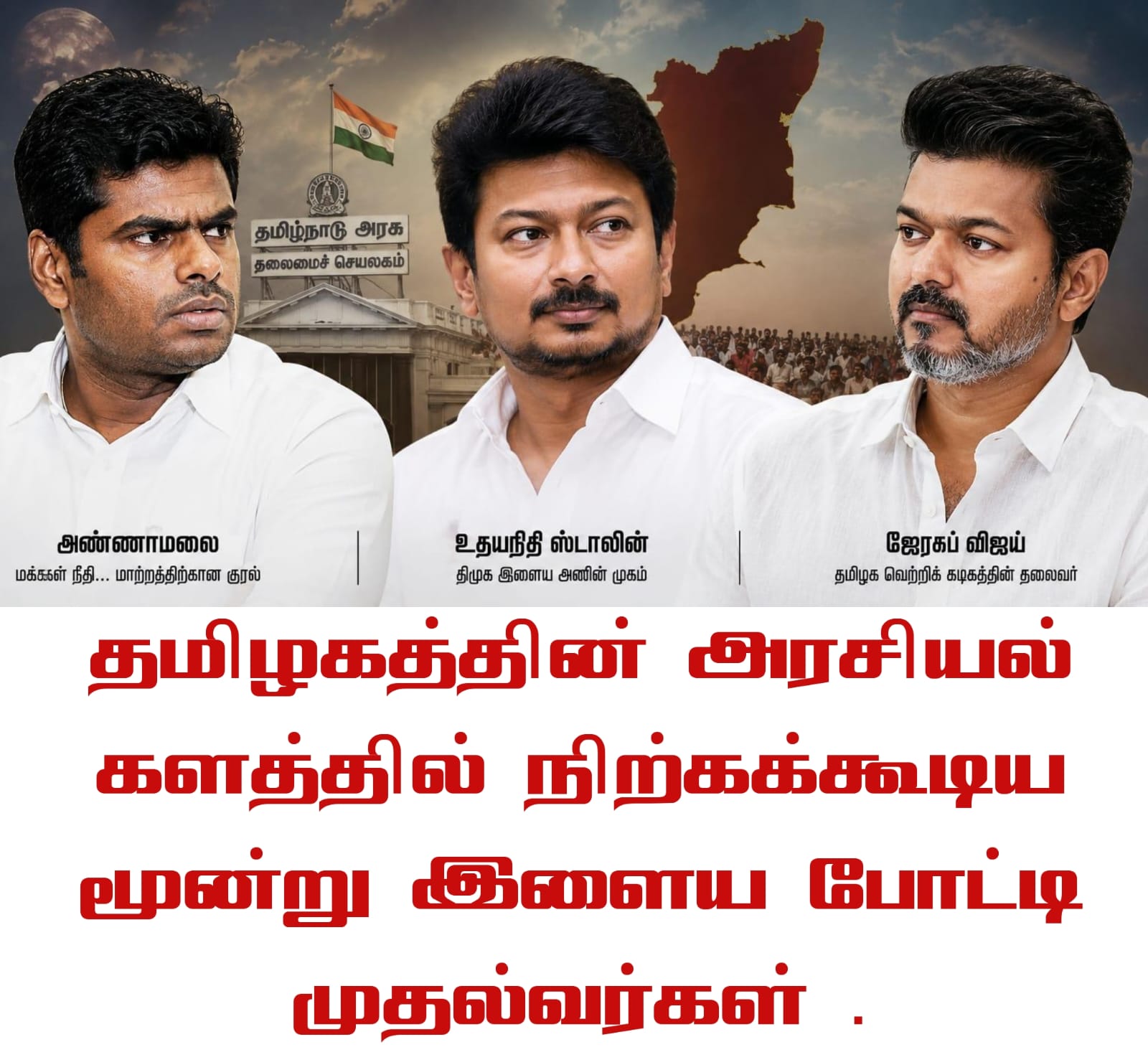 தமிழ்நாட்டின் அரசியலில், இளம் அரசியல் தலைவர்களில் ஜோசப் விஜய், உதயநிதி ஸ்டாலின், அண்ணாமலை, இந்த மூவரில் சிறப்பான திறமையான ஆட்சியை கொடுக்கக்கூடிய தகுதி உள்ளவர் யார் ? -அரசியல் ஆய்வாளர்கள்.
