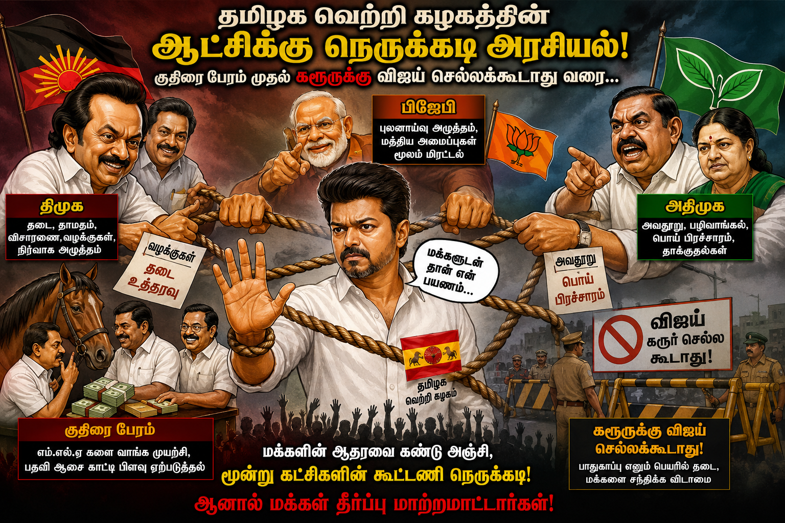 தமிழக வெற்றி கழகத்தின் ஆட்சிக்கு குதிரை பேரம் முதல் கரூருக்கு விஜய் செல்லக்கூடாது வரை, திமுகவும், அதிமுகவும், பிஜேபியும், இணைந்து நெருக்கடி அரசியல்? ஏன்?